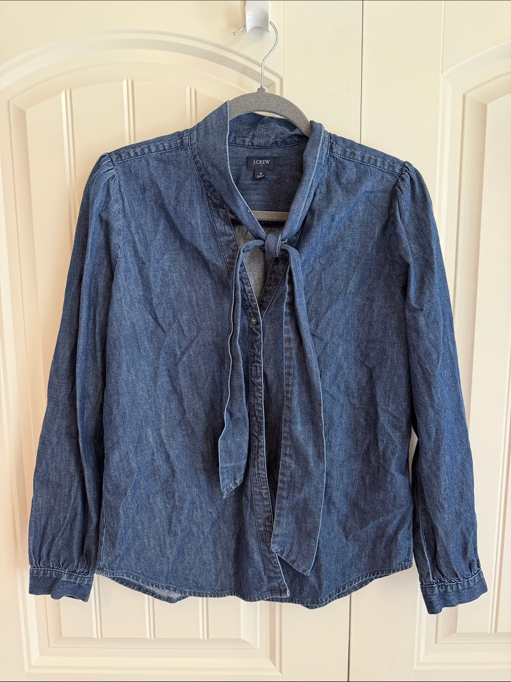 J Crew Tie Neck Denim Long Sleeve Button Shirt Blue Small